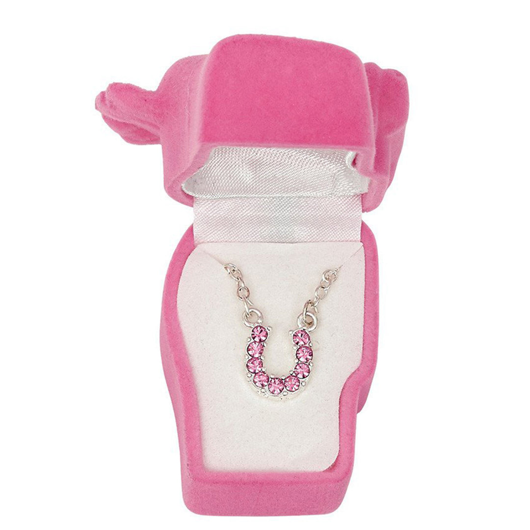 Pink Rhinestone Horseshoe Necklace in Pony Head Gift Box