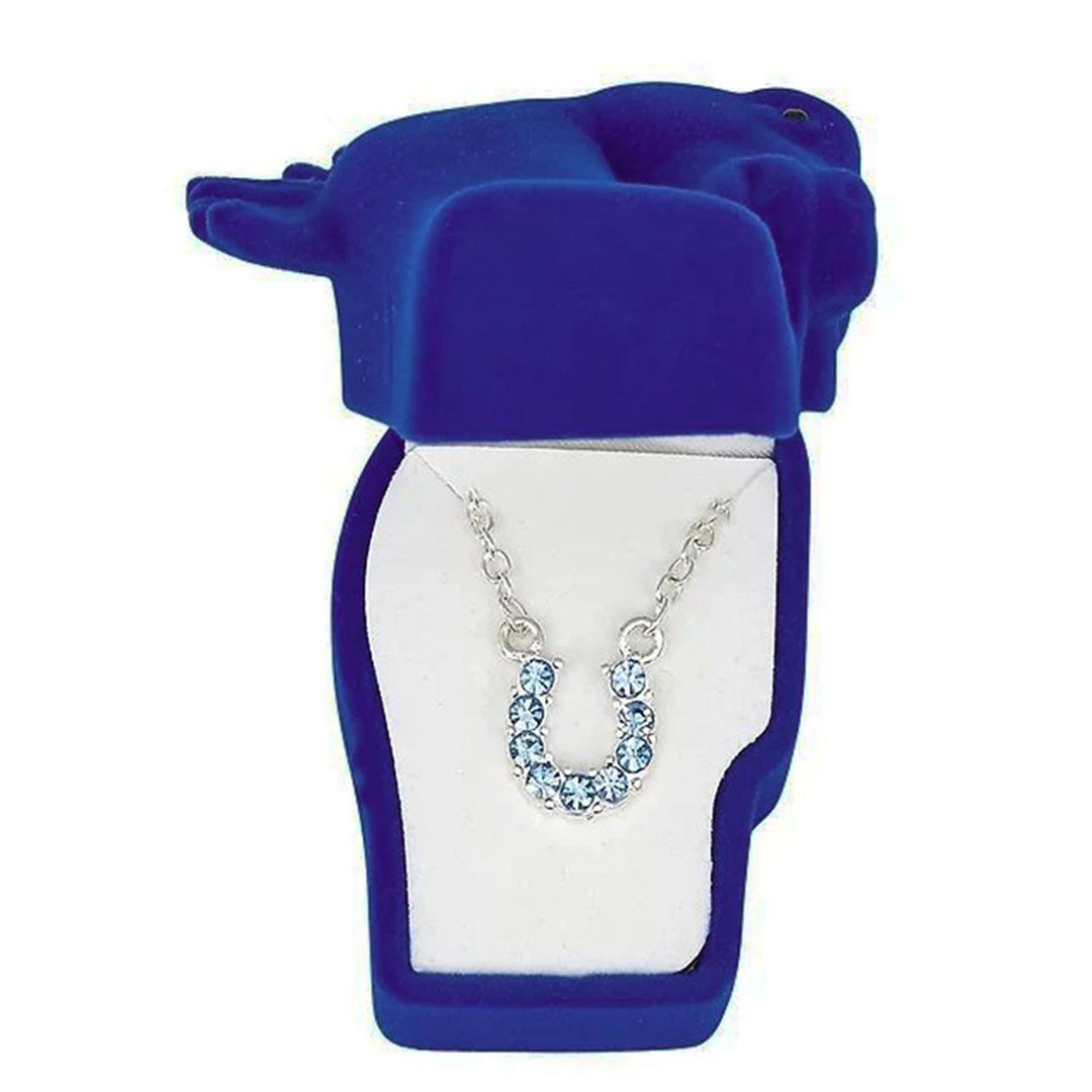 Blue Rhinestone Horseshoe Necklace in Pony Head Gift Box