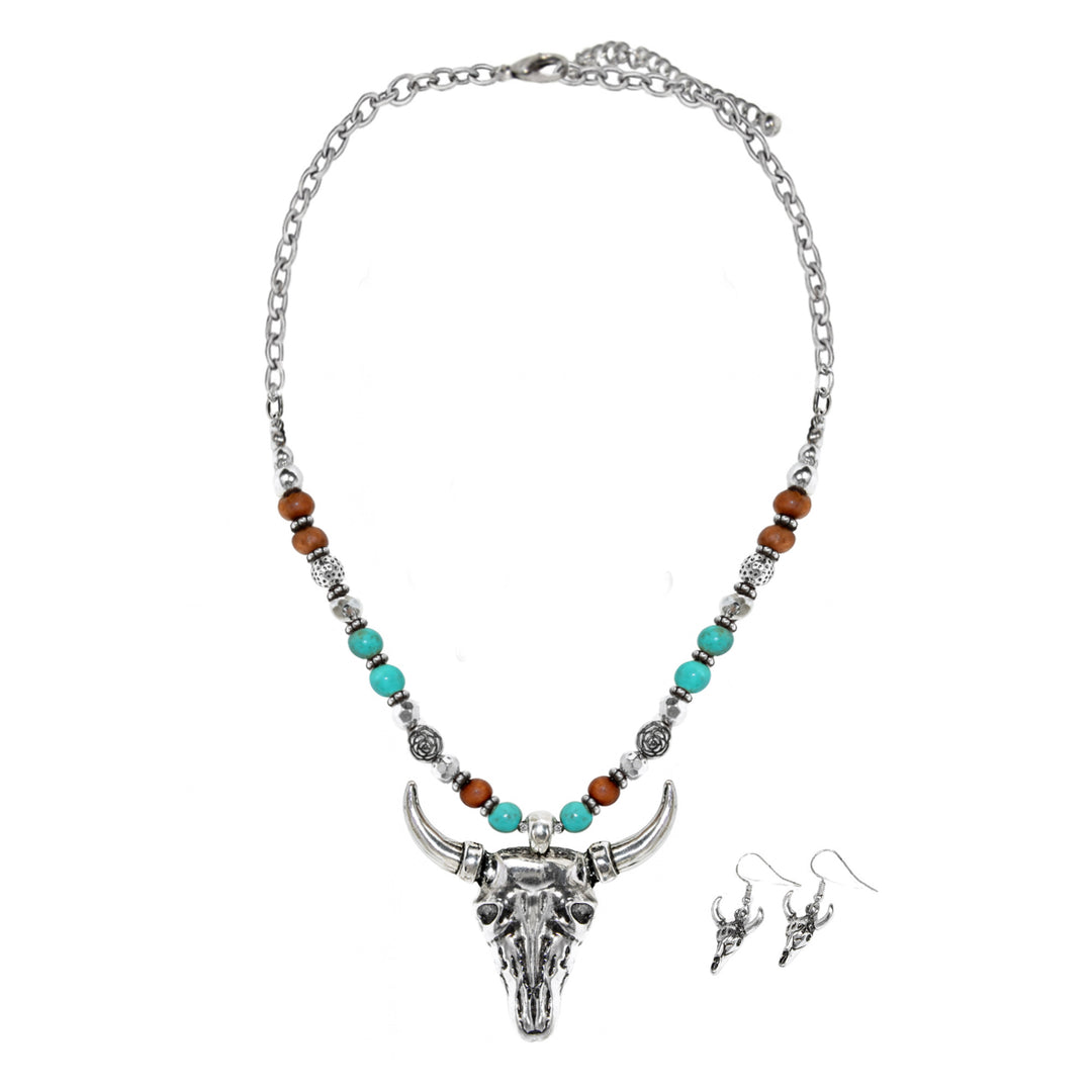 Western Bull Skull Pendant Necklace - Turquoise, Wood Beads &amp; Silver Accents