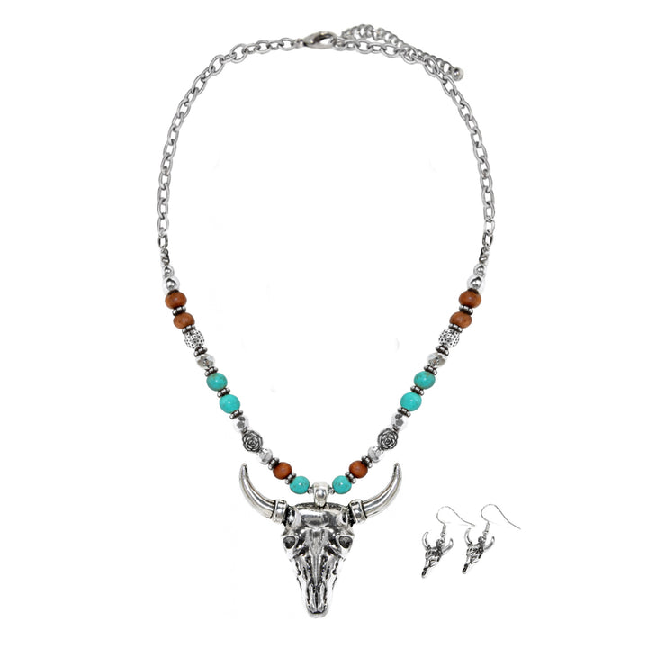 Western Bull Skull Pendant Necklace - Turquoise, Wood Beads &amp; Silver Accents