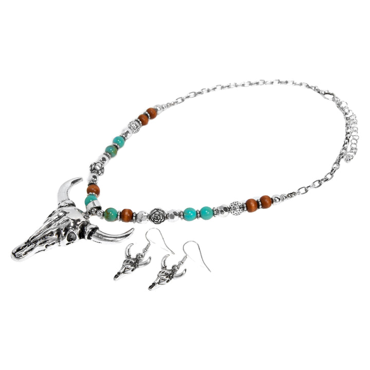 Western Bull Skull Pendant Necklace - Turquoise, Wood Beads &amp; Silver Accents