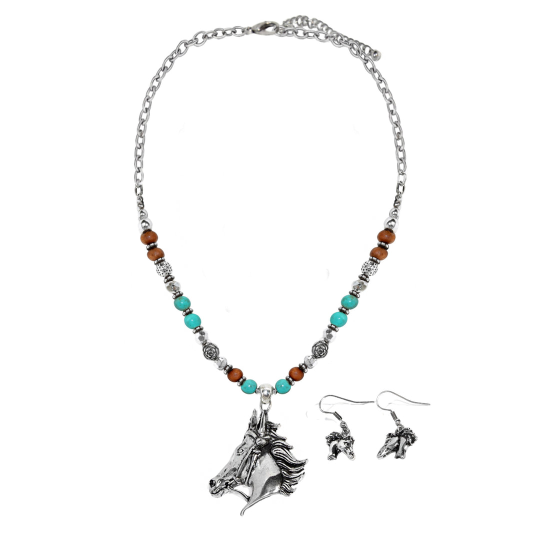 Western Horse Head Pendant Necklace - Turquoise, Wood Beads &amp; Silver Accents