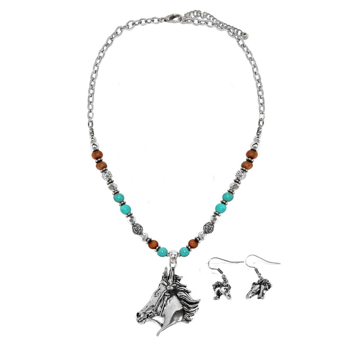 Western Horse Head Pendant Necklace - Turquoise, Wood Beads &amp; Silver Accents