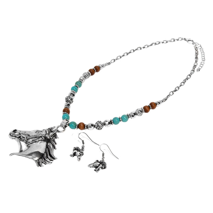 Western Horse Head Pendant Necklace - Turquoise, Wood Beads &amp; Silver Accents