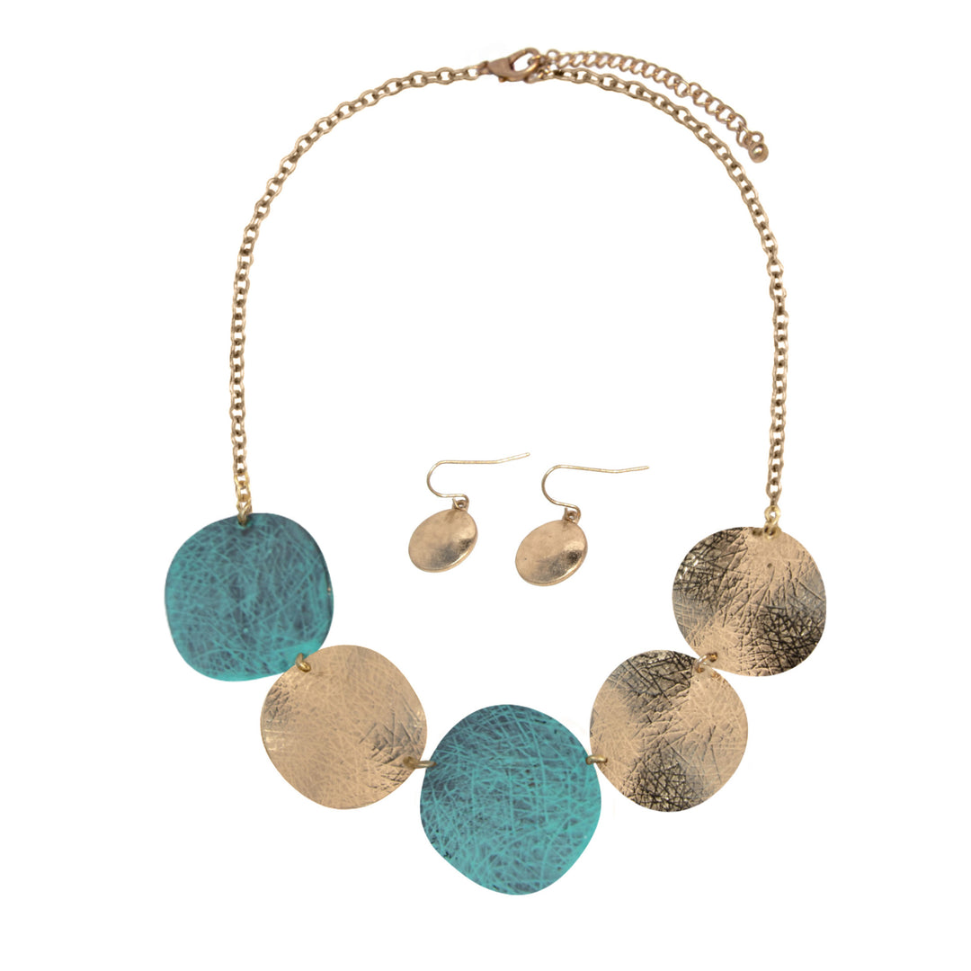 Western Turquoise Patina &amp; Gold Disc Statement Necklace - Chunky Chain Design