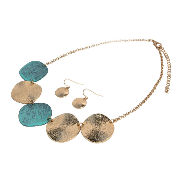Western Turquoise Patina &amp; Gold Disc Statement Necklace - Chunky Chain Design