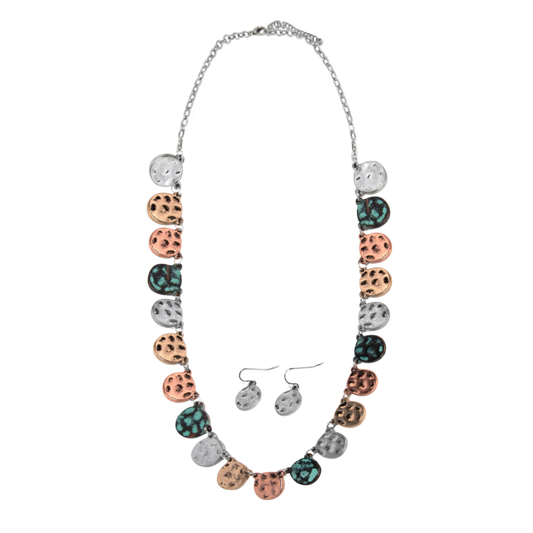 Western Multi-Tone Hammered Disc Necklace - Silver Chain with Patina Accents