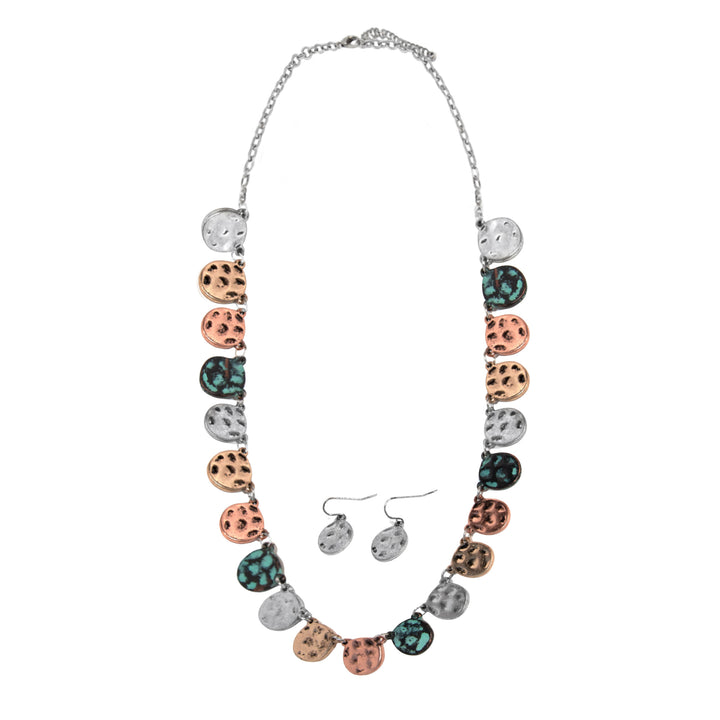 Western Multi-Tone Hammered Disc Necklace - Silver Chain with Patina Accents
