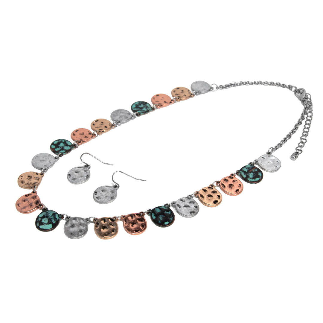 Western Multi-Tone Hammered Disc Necklace - Silver Chain with Patina Accents