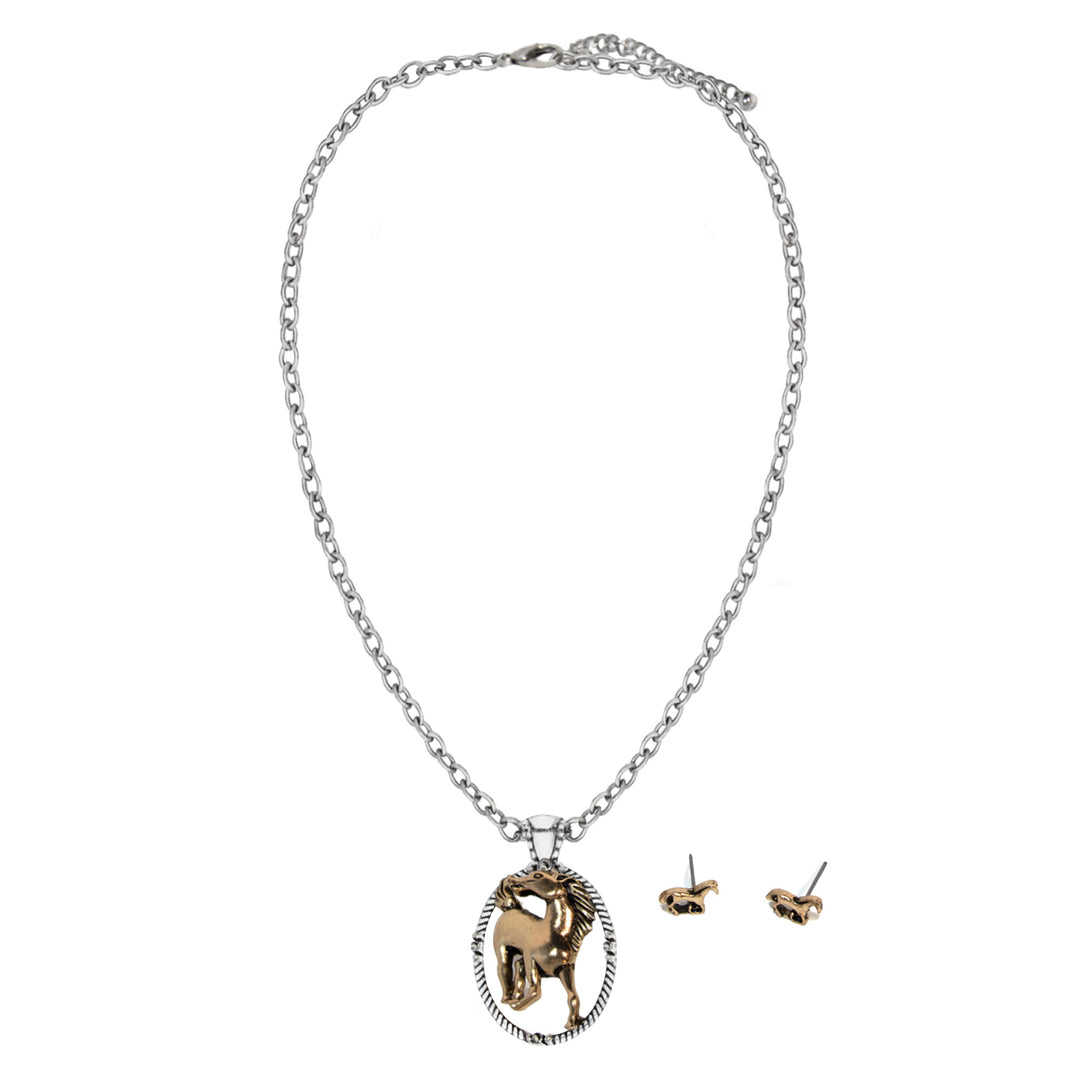 Western Horse Oval Pendant Necklace Set – Silver with Gold Accent