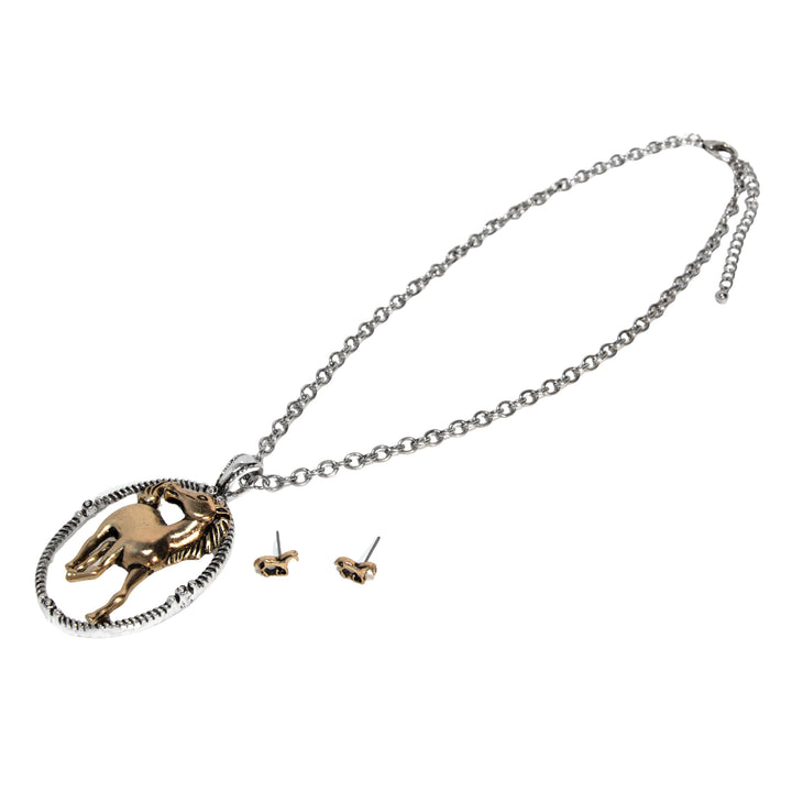 Western Horse Oval Pendant Necklace Set – Silver with Gold Accent