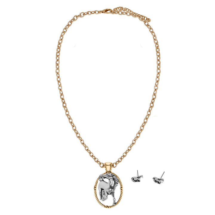 Western Horse Oval Pendant Necklace Set – Gold &amp; Silver Two-Tone