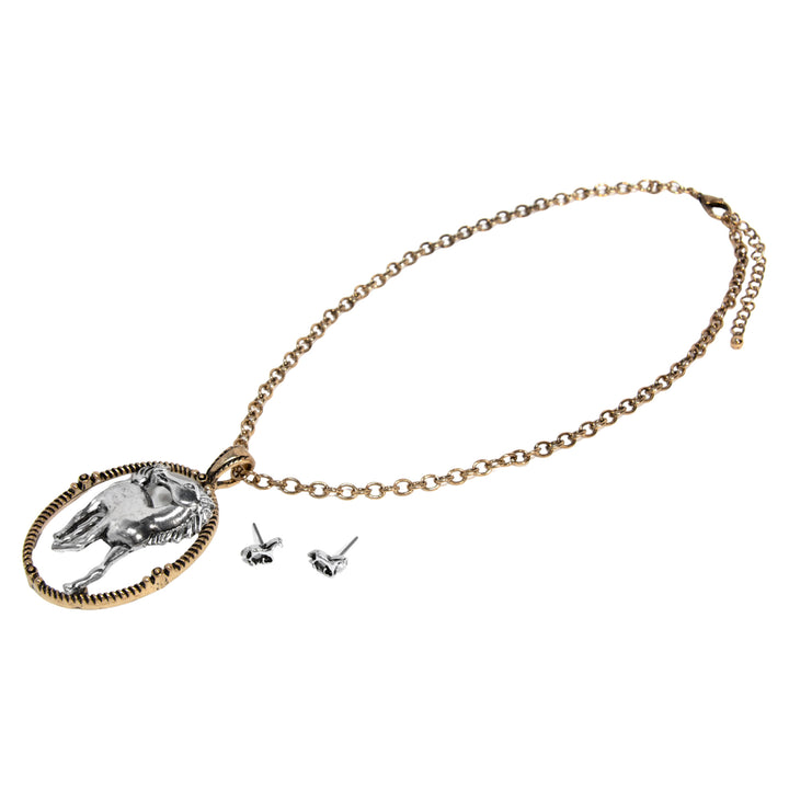 Western Horse Oval Pendant Necklace Set – Gold &amp; Silver Two-Tone