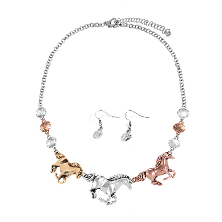 Western Running Horse Necklace &amp; Earring Set - Tri-Tone Metal Design