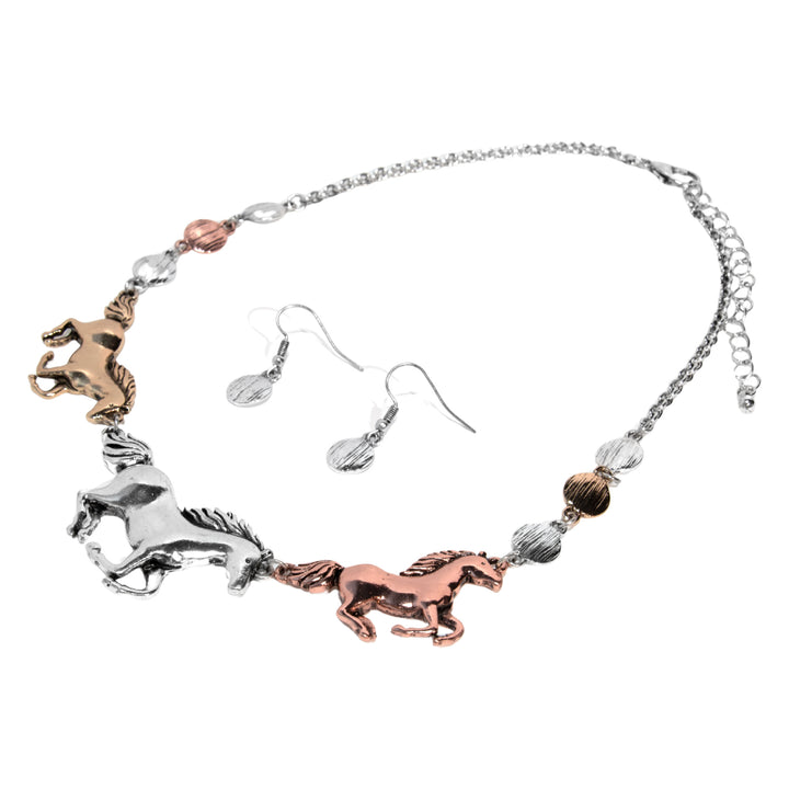 Western Running Horse Necklace &amp; Earring Set - Tri-Tone Metal Design