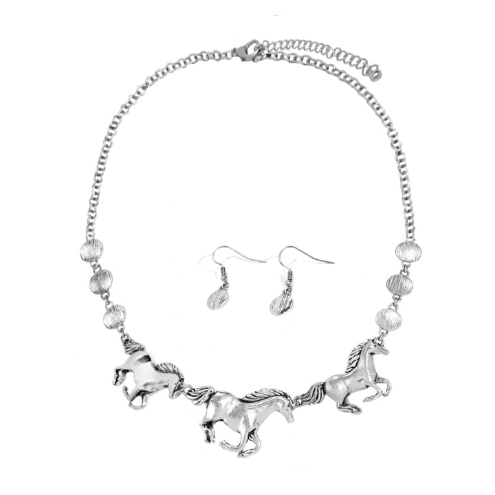 Western Running Horse Necklace &amp; Earring Set - Silver-Tone Design