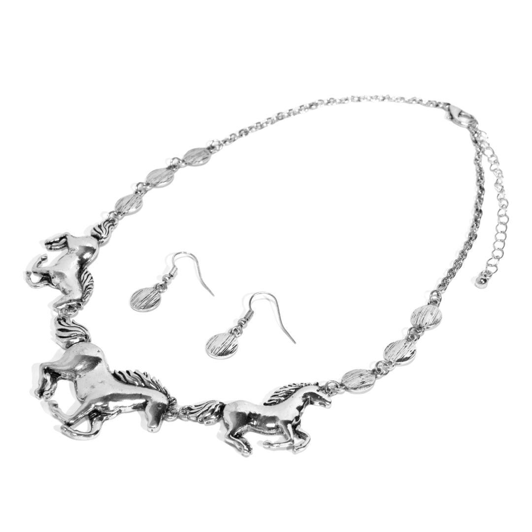 Western Running Horse Necklace &amp; Earring Set - Silver-Tone Design