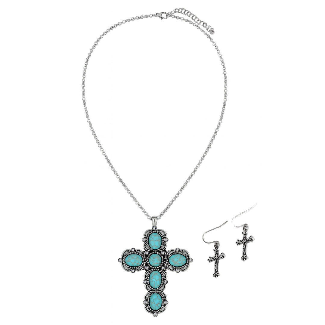 Western Turquoise Cross Pendant Necklace - Silver with Oval Stones