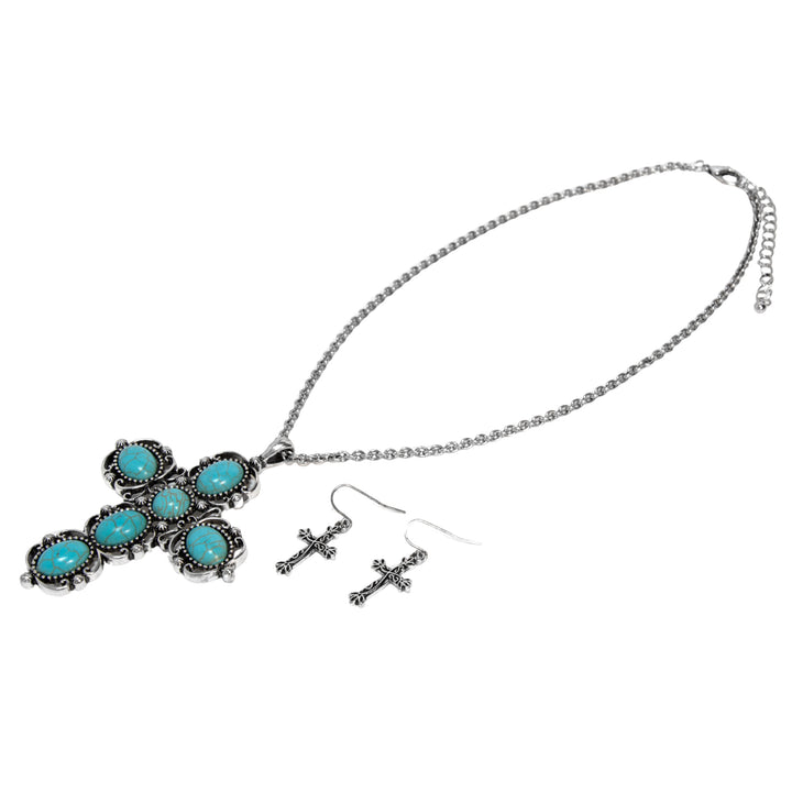 Western Turquoise Cross Pendant Necklace - Silver with Oval Stones