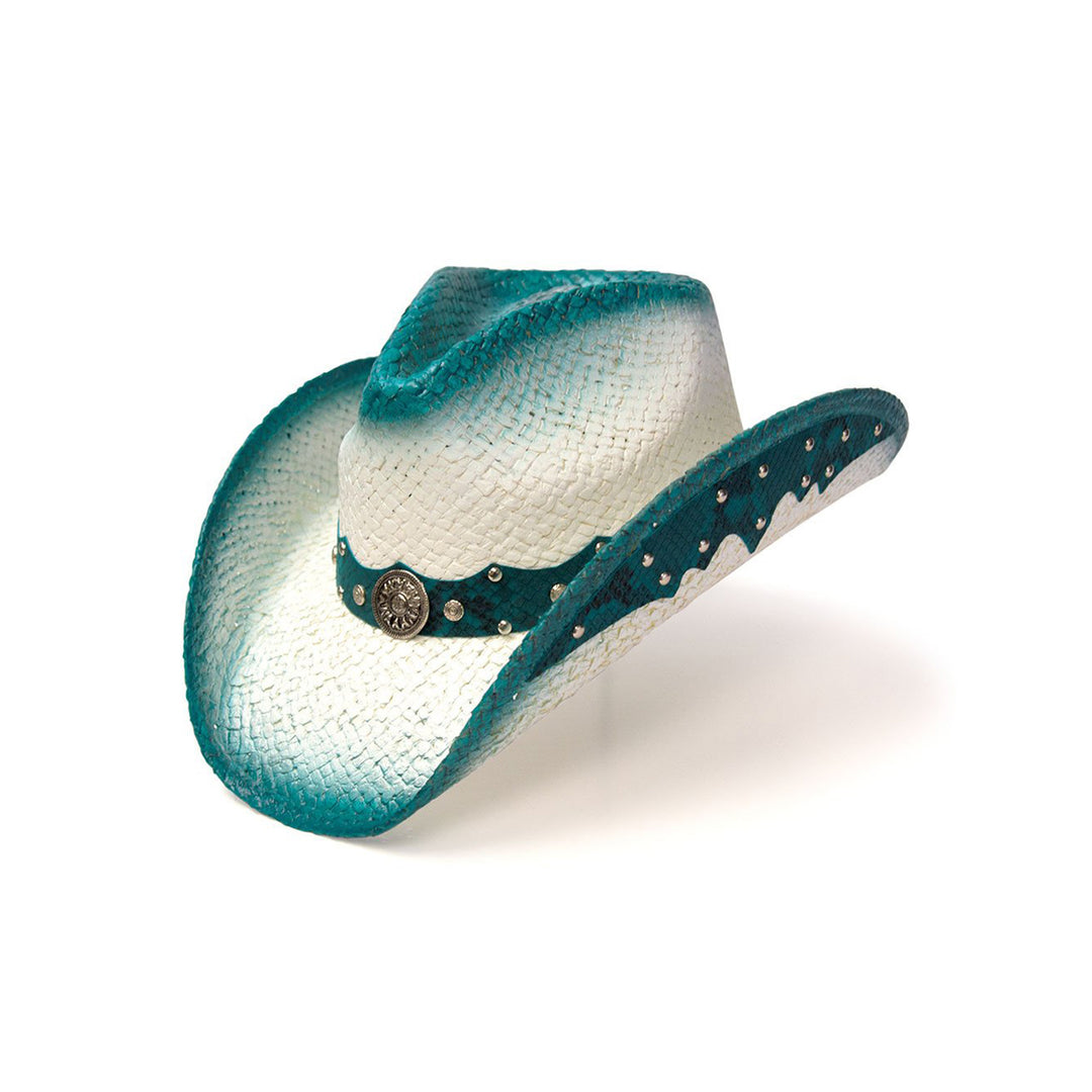 Straw Western Pinch Front Hat with Turquiose Trim, Sunburst Concho Hat Band, &amp; Leather Sides