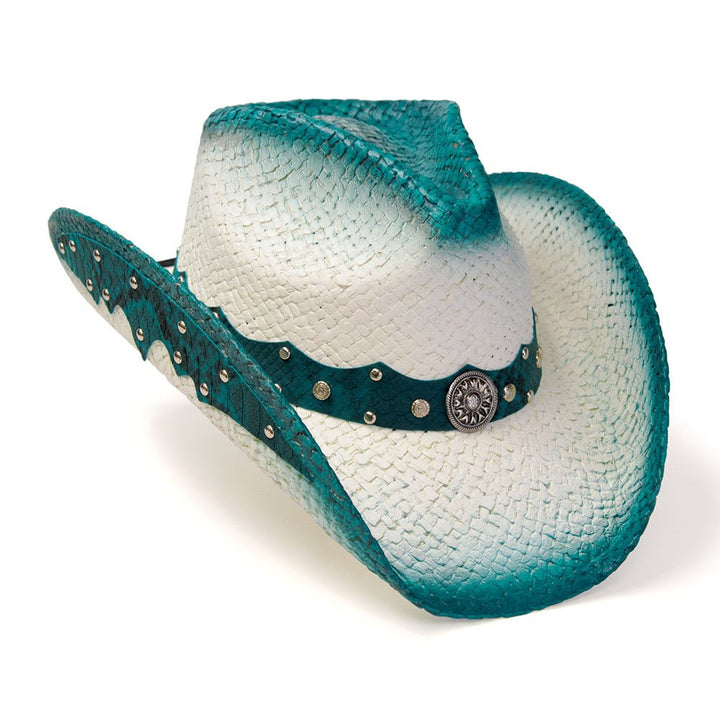 Straw Western Pinch Front Hat with Turquiose Trim, Sunburst Concho Hat Band, &amp; Leather Sides