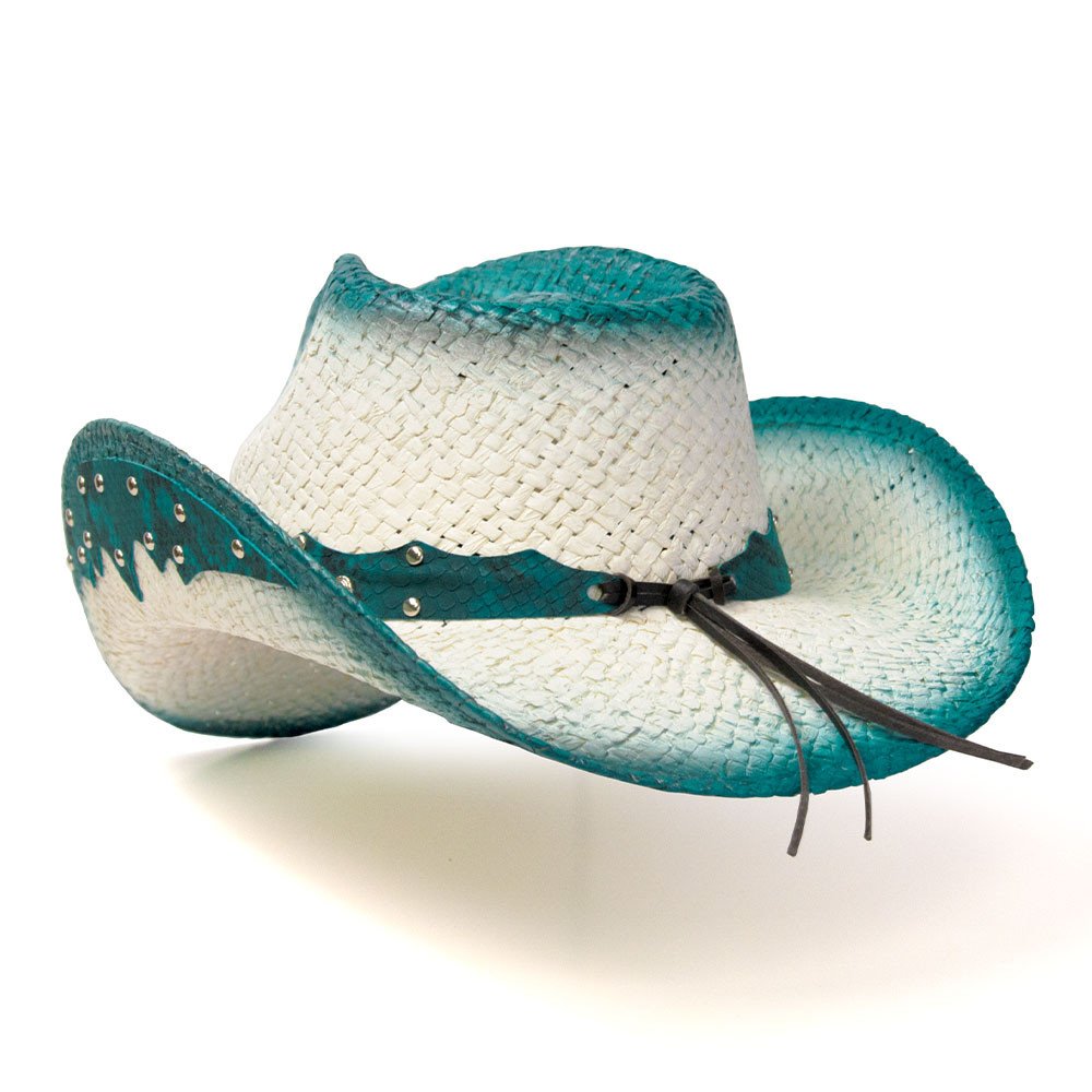 Straw Western Pinch Front Hat with Turquiose Trim, Sunburst Concho Hat Band, &amp; Leather Sides