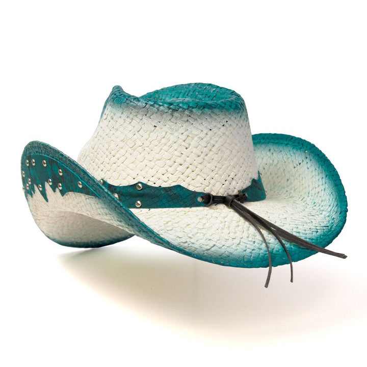 Straw Western Pinch Front Hat with Turquiose Trim, Sunburst Concho Hat Band, &amp; Leather Sides