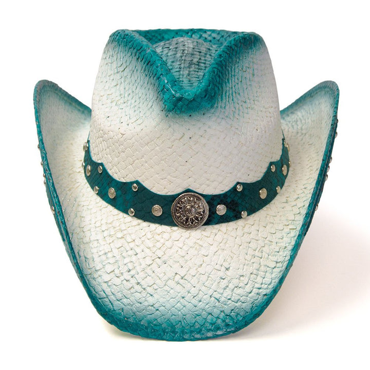 Straw Western Pinch Front Hat with Turquiose Trim, Sunburst Concho Hat Band, &amp; Leather Sides