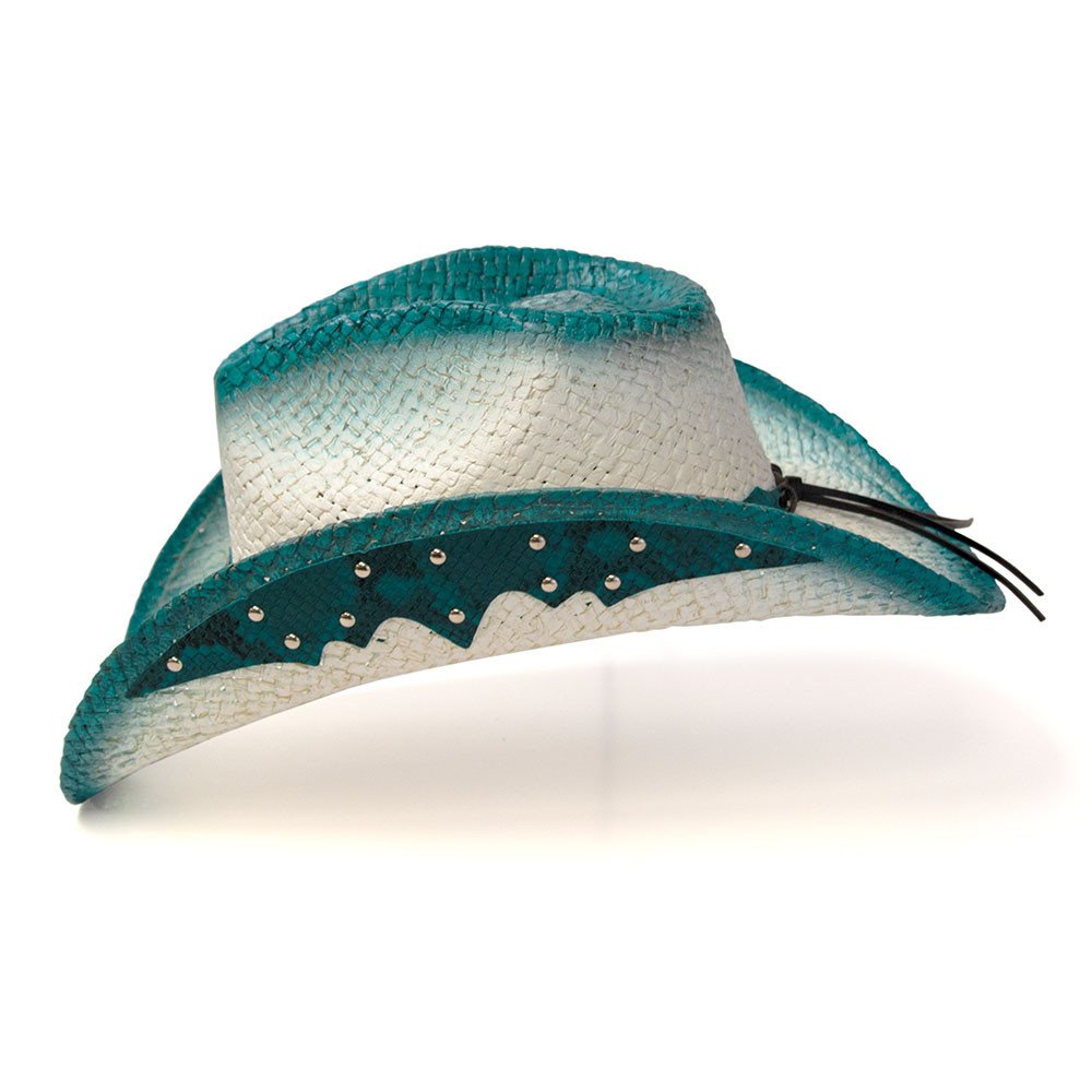 Straw Western Pinch Front Hat with Turquiose Trim, Sunburst Concho Hat Band, &amp; Leather Sides