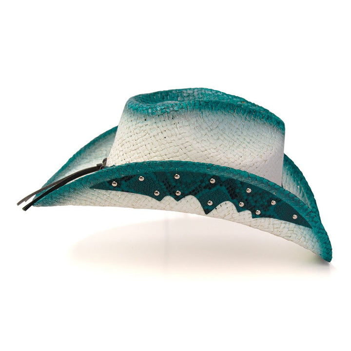 Straw Western Pinch Front Hat with Turquiose Trim, Sunburst Concho Hat Band, &amp; Leather Sides