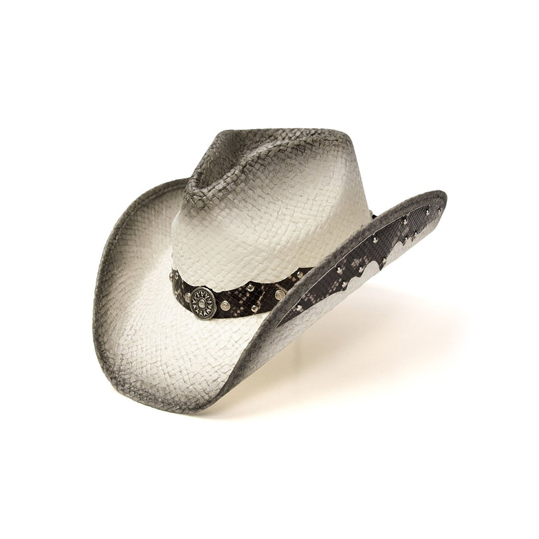 Straw Western Pinch Front Hat with Gray Trim, Sunburst Concho Hat Band, &amp; Leather Sides