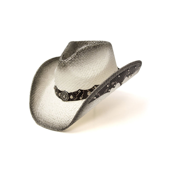 Straw Western Pinch Front Hat with Gray Trim, Sunburst Concho Hat Band, &amp; Leather Sides