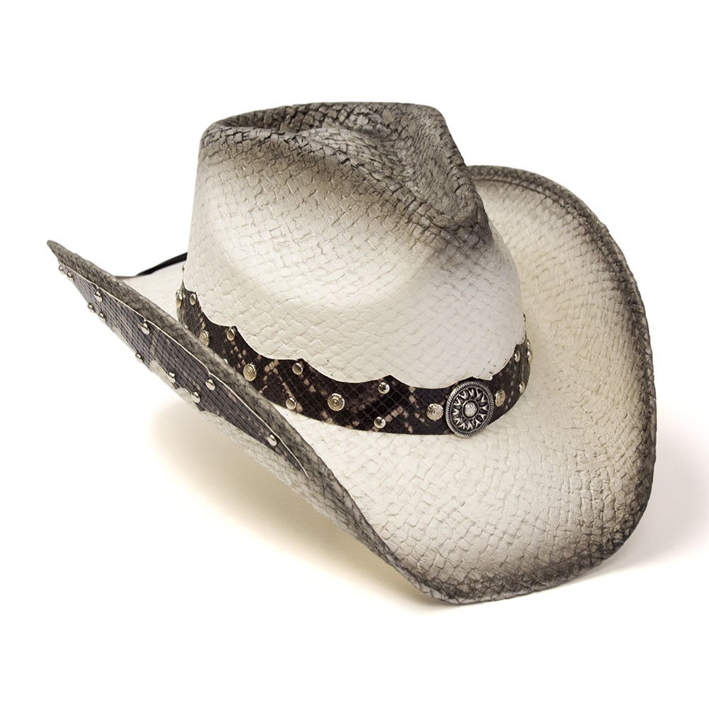 Straw Western Pinch Front Hat with Gray Trim, Sunburst Concho Hat Band, &amp; Leather Sides