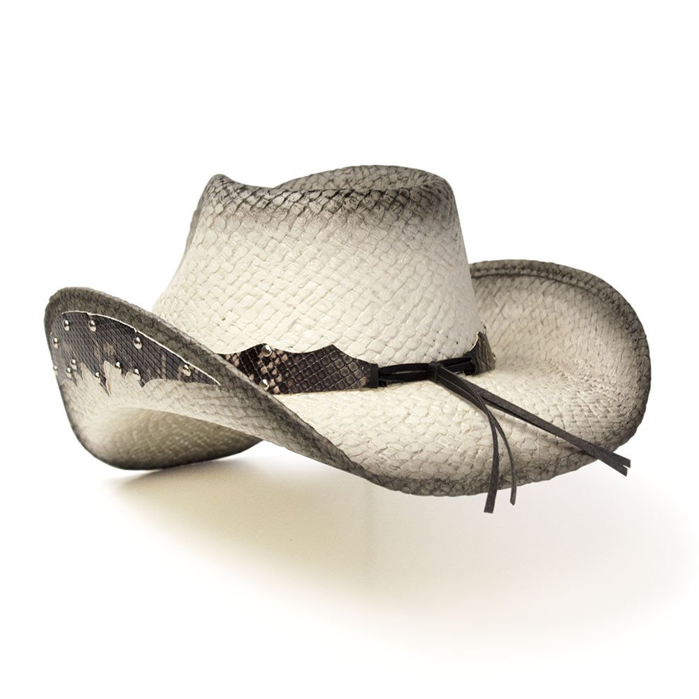 Straw Western Pinch Front Hat with Gray Trim, Sunburst Concho Hat Band, &amp; Leather Sides