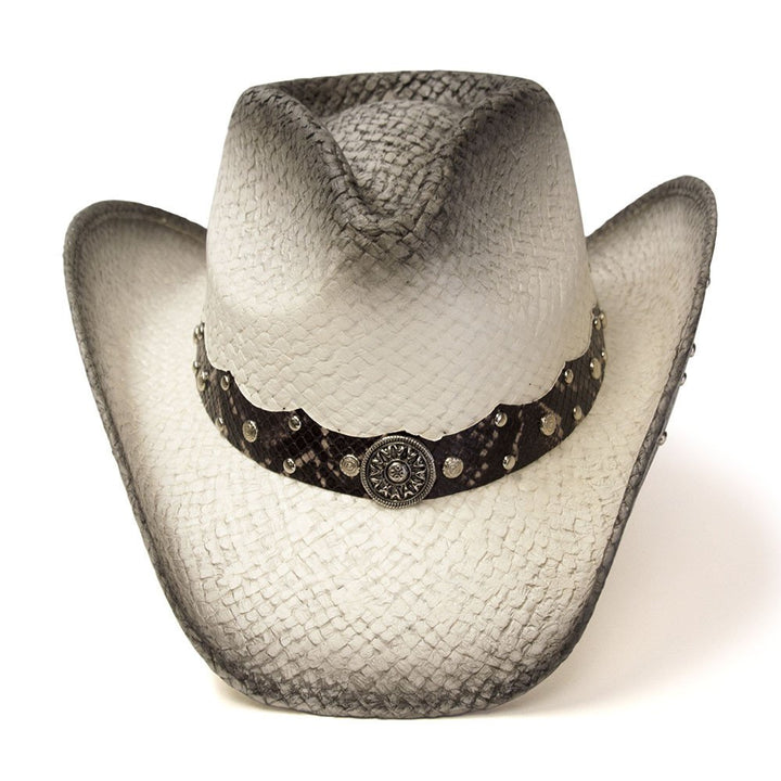 Straw Western Pinch Front Hat with Gray Trim, Sunburst Concho Hat Band, &amp; Leather Sides