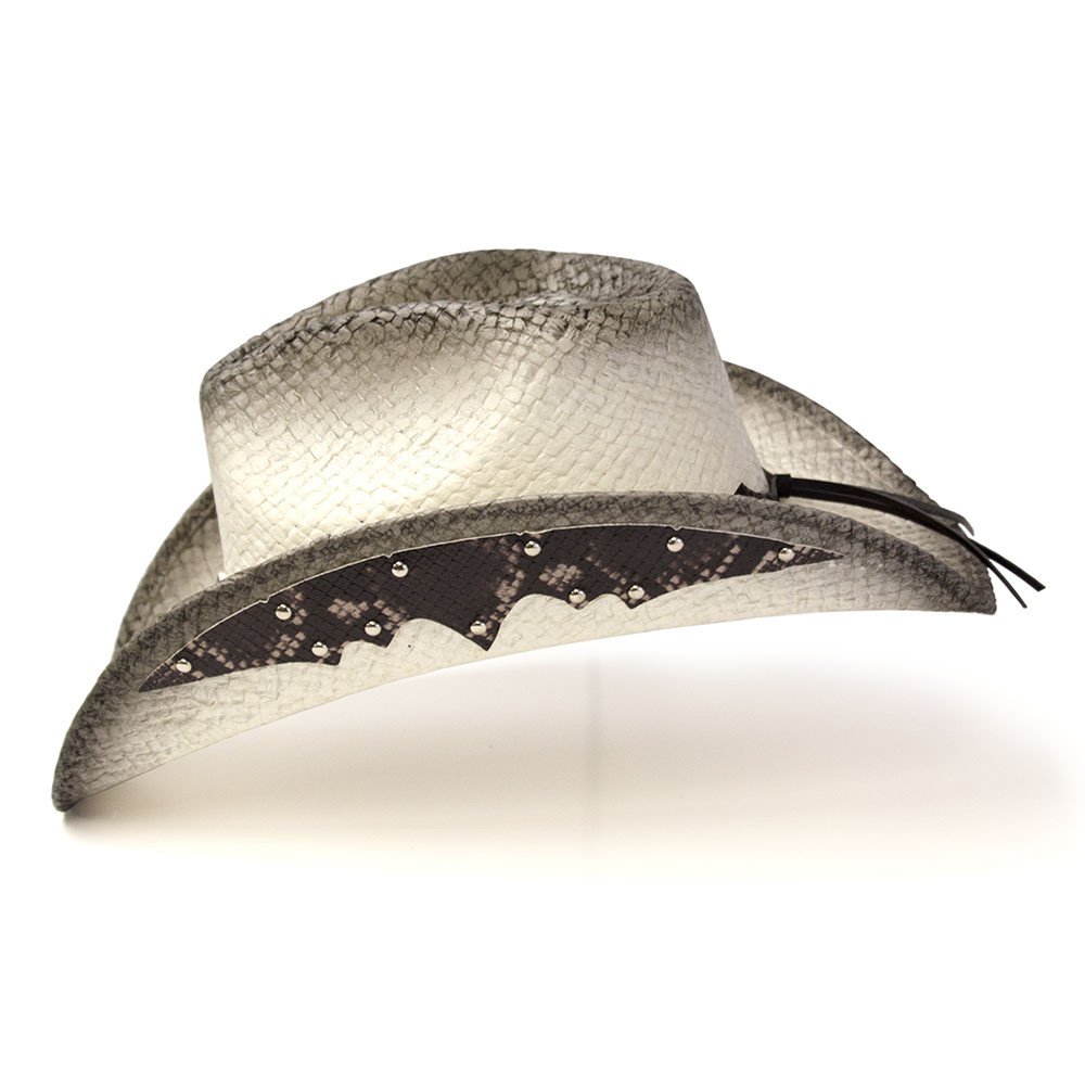 Straw Western Pinch Front Hat with Gray Trim, Sunburst Concho Hat Band, &amp; Leather Sides