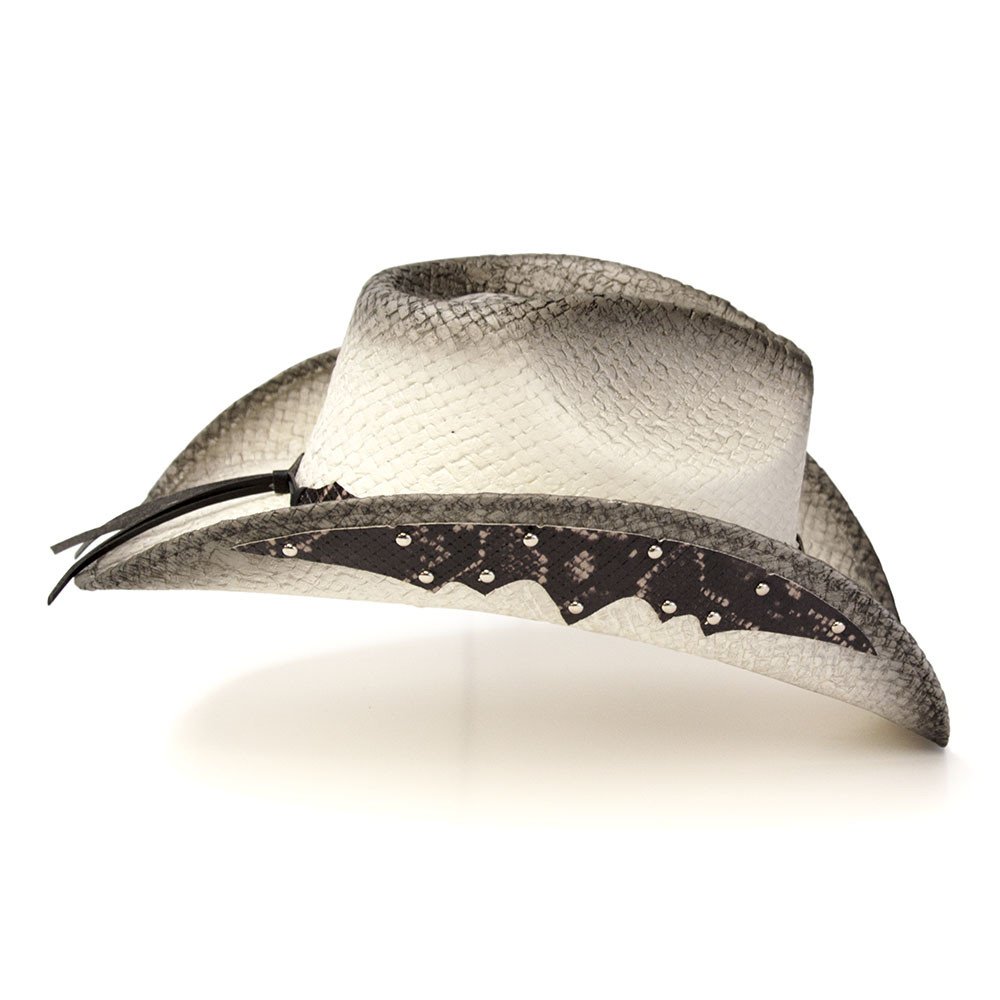 Straw Western Pinch Front Hat with Gray Trim, Sunburst Concho Hat Band, &amp; Leather Sides
