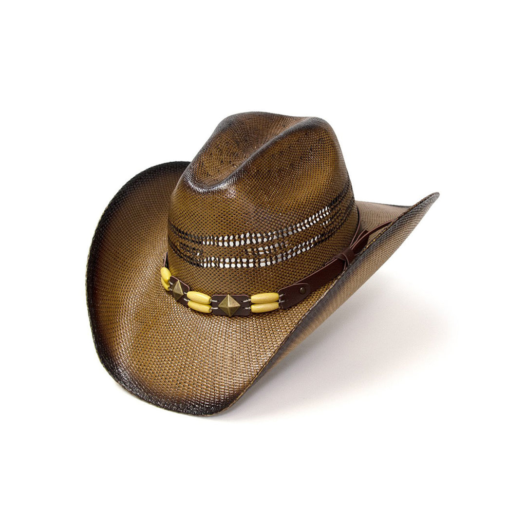 Brown Straw Western Cattleman Hat with Diamond Concho &amp; Beaded Hat Band