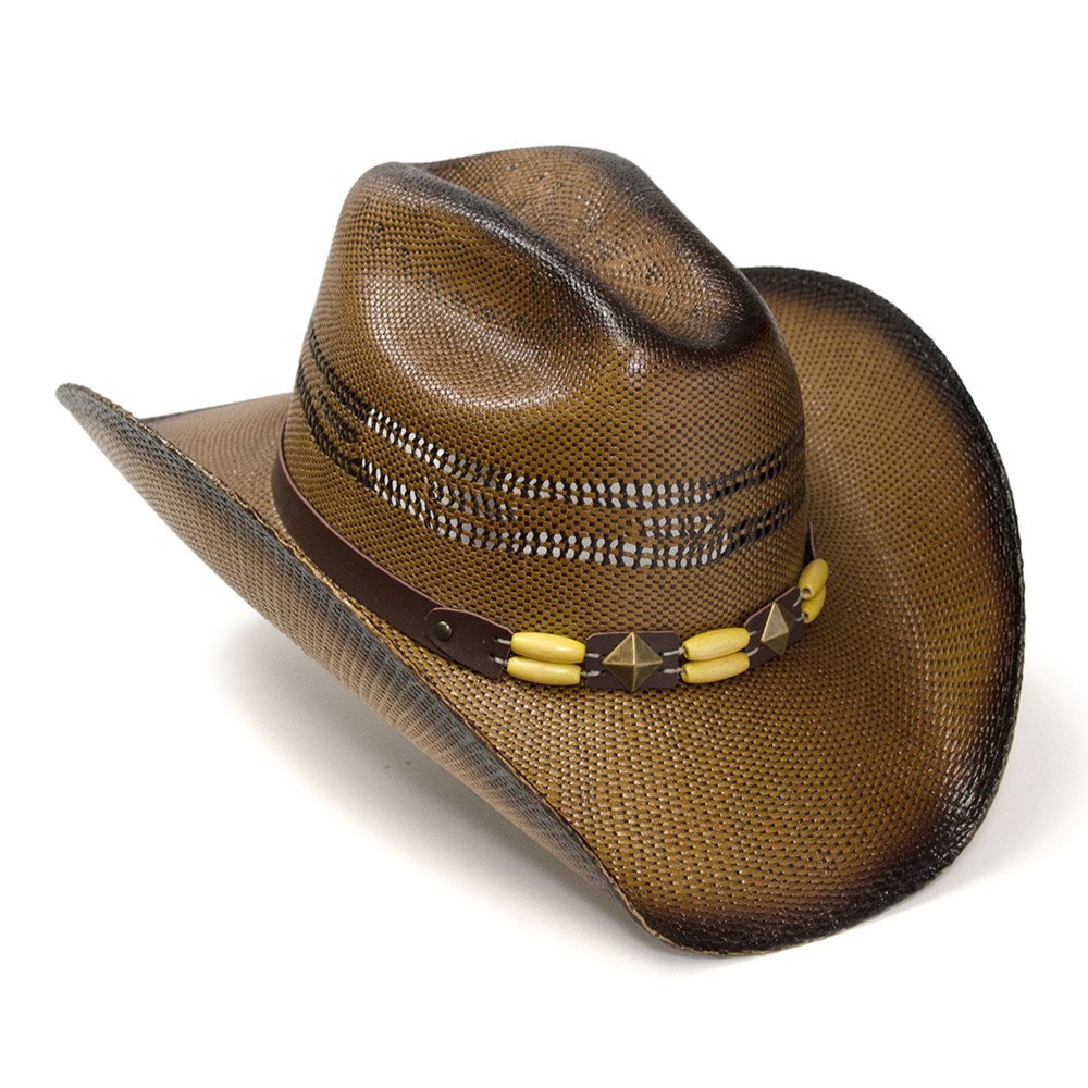 Brown Straw Western Cattleman Hat with Diamond Concho &amp; Beaded Hat Band