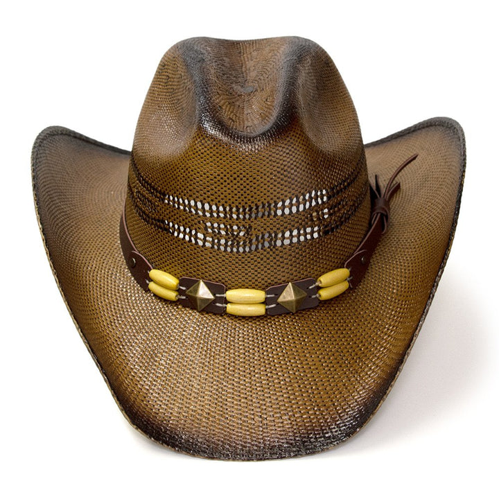 Brown Straw Western Cattleman Hat with Diamond Concho &amp; Beaded Hat Band