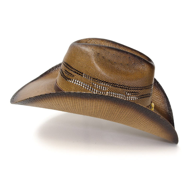 Brown Straw Western Cattleman Hat with Diamond Concho &amp; Beaded Hat Band