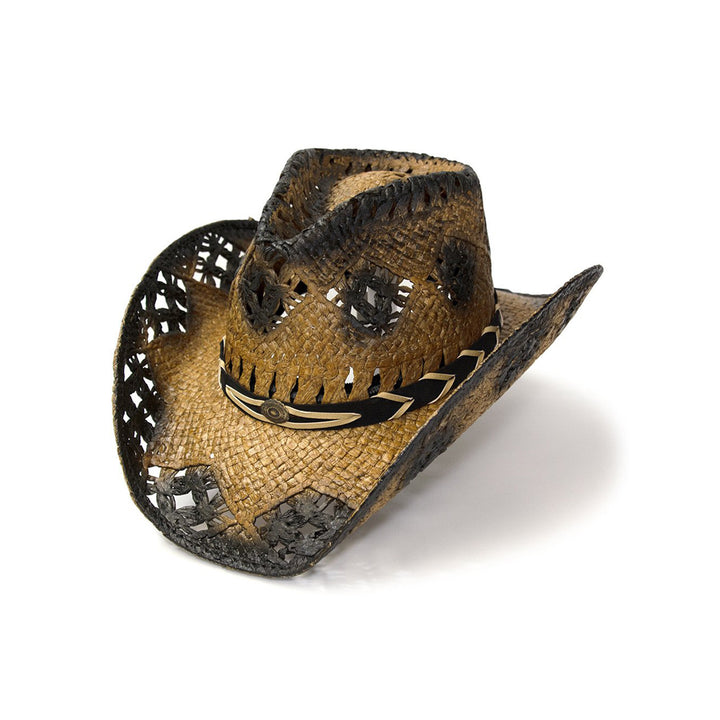 Tan &amp; Dark Brown Straw Western Pinch Front Hat - K