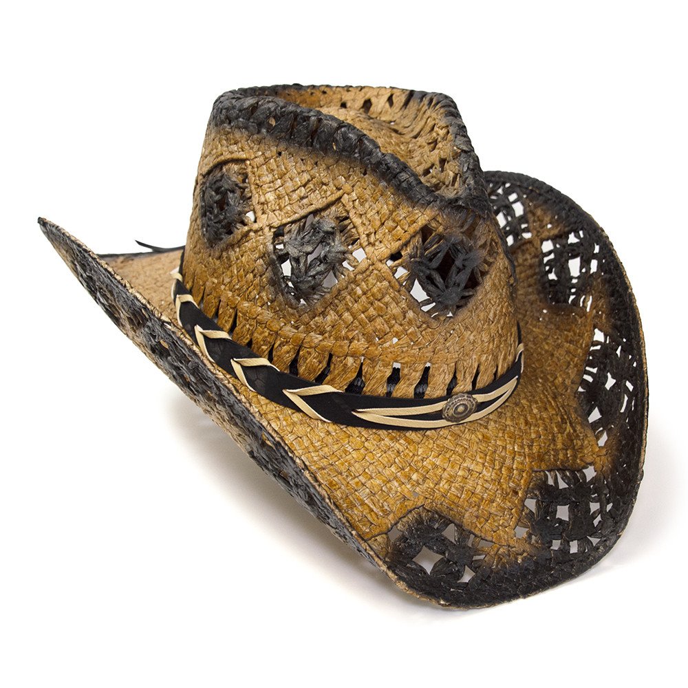 Tan &amp; Dark Brown Straw Western Pinch Front Hat - K