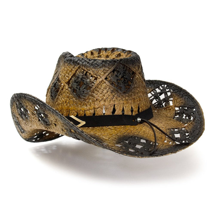 Tan &amp; Dark Brown Straw Western Pinch Front Hat - K