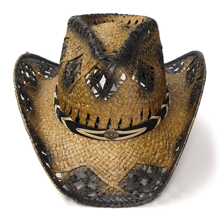 Tan &amp; Dark Brown Straw Western Pinch Front Hat - K