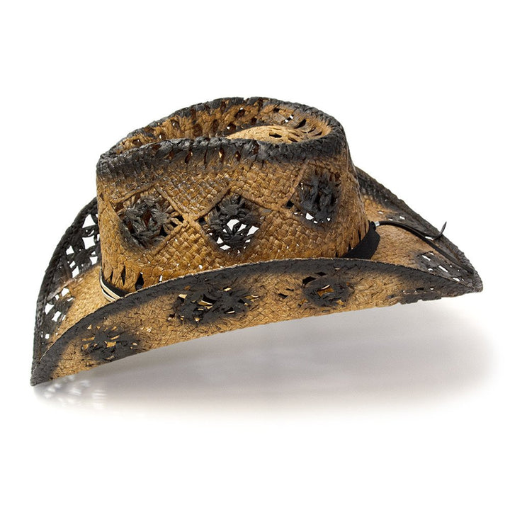 Tan &amp; Dark Brown Straw Western Pinch Front Hat - K