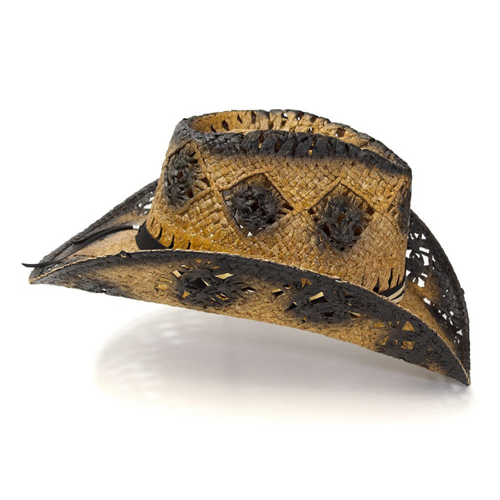 Tan &amp; Dark Brown Straw Western Pinch Front Hat - K