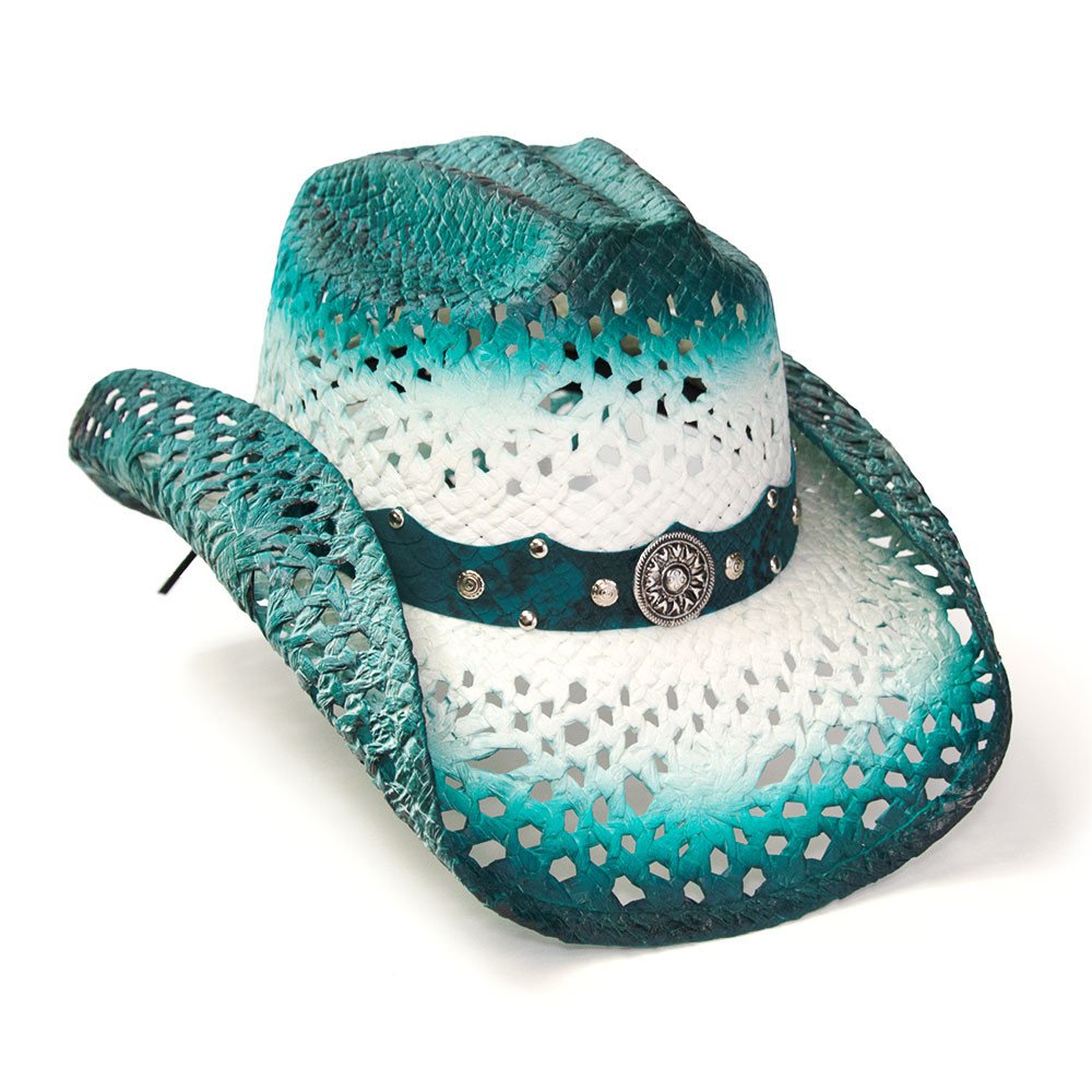 Straw Western Hat with Aqua Trim