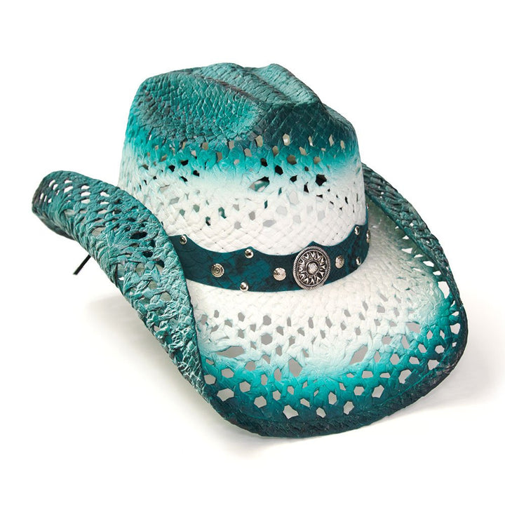Straw Western Hat with Aqua Trim
