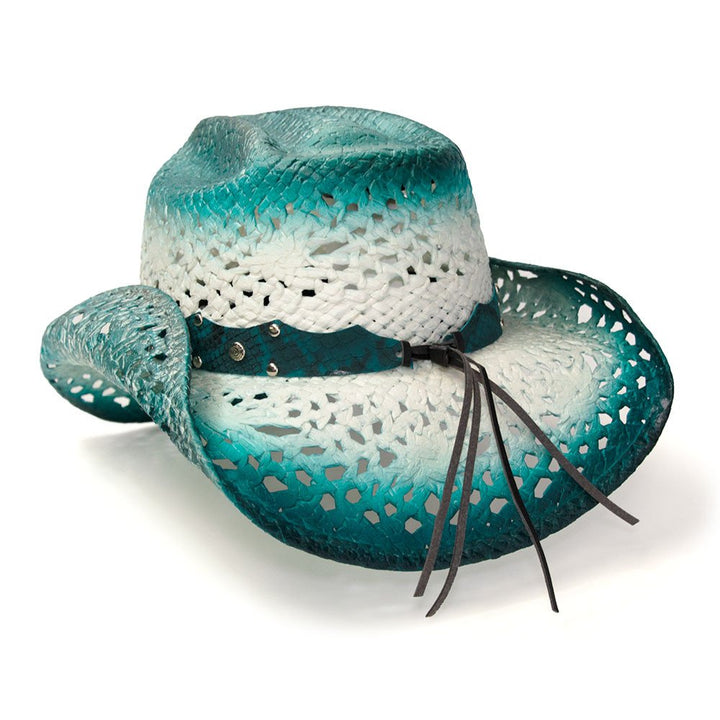 Straw Western Hat with Aqua Trim